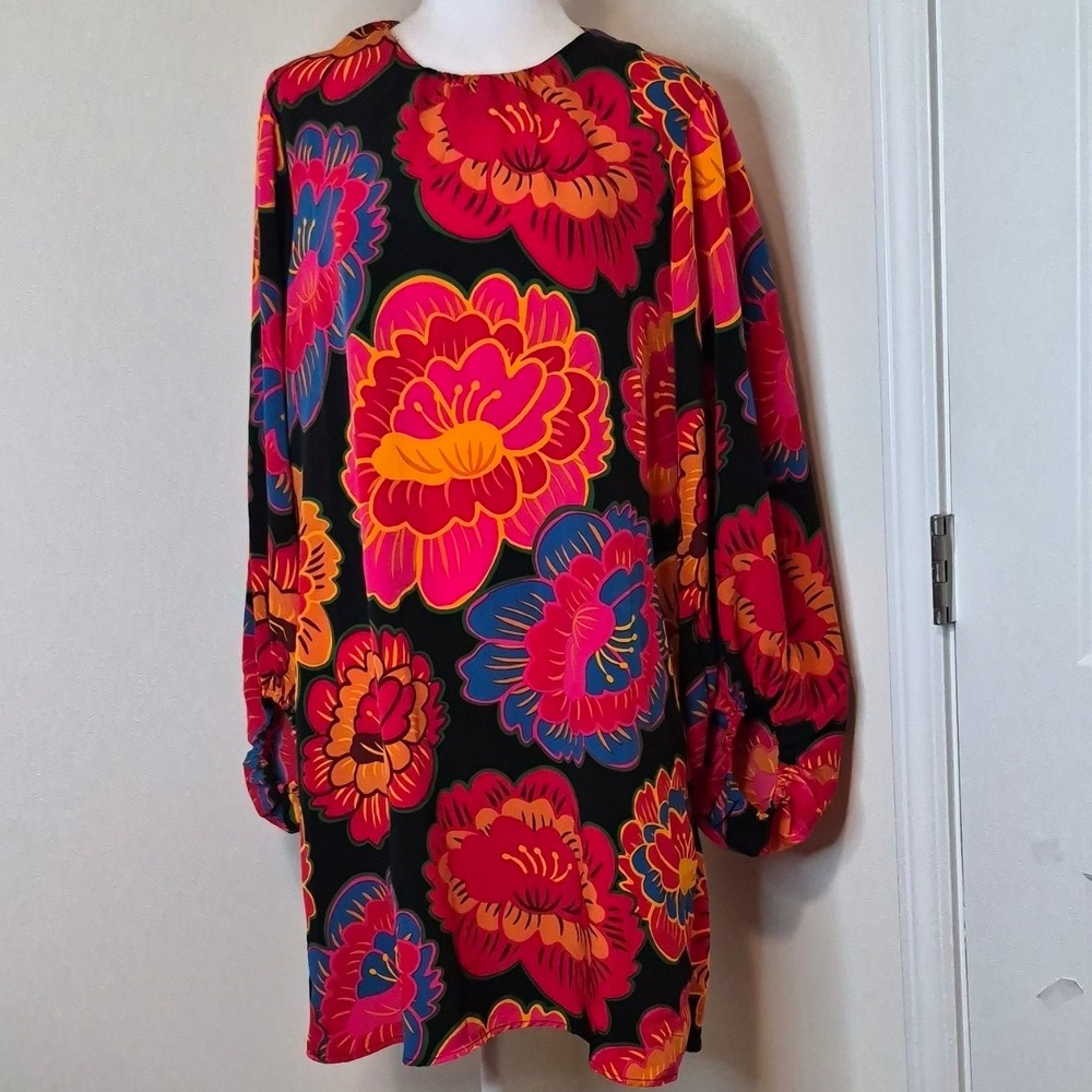 Mud Pie Women's Black Floral Sheath Dress Balloon Long Sleeve Short Size M